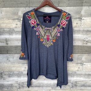 JOHNNY WAS JWLA EMBROIDERED JOSEPHINE TRAPEZE BLOUSE BLUE WOMENS XL